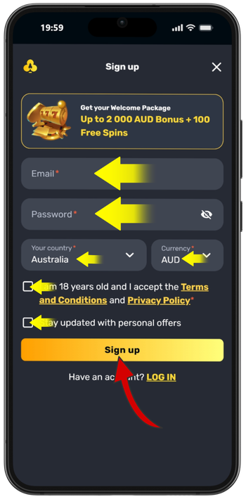 Age confirmation  18+ and Login details at Rocket Play Casino for 3 Hot Chillies